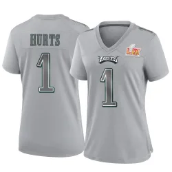 Women's Jalen Hurts Philadelphia Eagles No.1 Game Atmosphere Fashion Super Bowl LIX Jersey - Gray