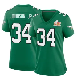 Women's Montrell Johnson Jr. Philadelphia Eagles No.34 Game Kelly Alternate Super Bowl LIX Jersey - Green